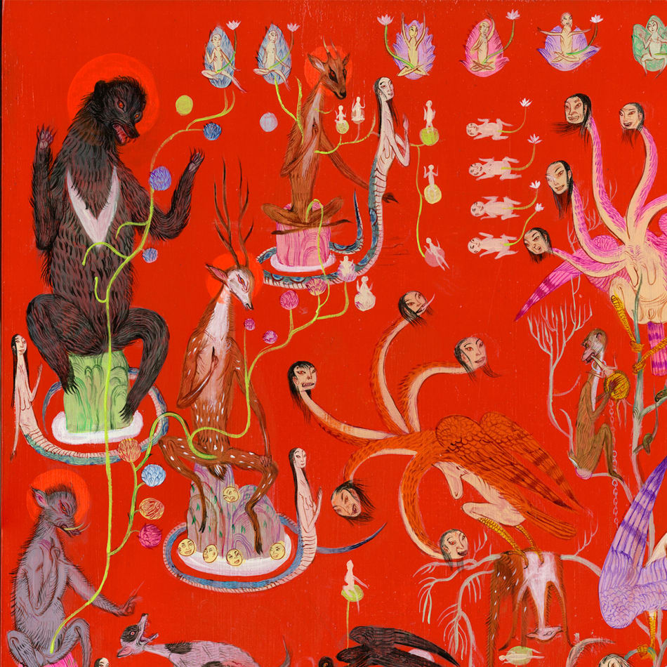 Detail shot of a painting by Mu Pan of creatures, animals and human hybrids eating, sleeping, killing, flying and climbing