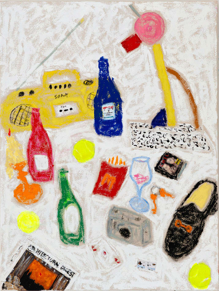 painting by Michael McGregor of colorful assorted objects including bottles, shoe, camera, lamp, radio, etc.