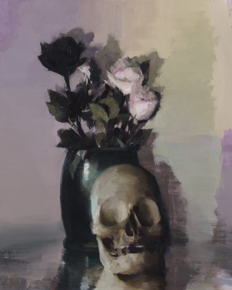 painting of a skull next to a vase of flowers - dark colors, purple