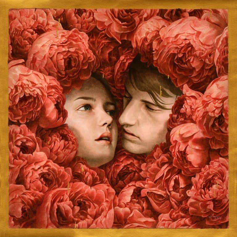 Tran Nguyen painting of flowers and two faces in center