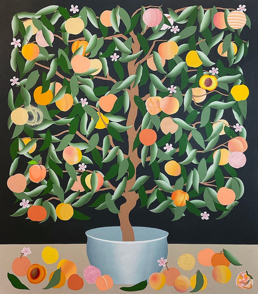 Painting of a rectangular peach tree in a white pot on a khaki surface and a black background by Stephen D'Onofrio.
