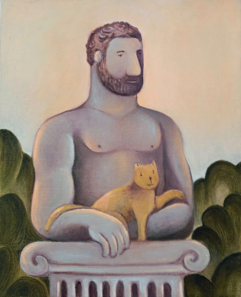 Painting of a statue of a man with his arms on a pedestal and a yellow cat on top of the pedestal with its arm on the mans arm. There are dark green bushes in the background and a pink blue sky.