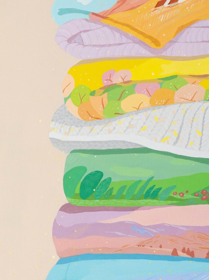 Danym Kwon painting of stacked folded sheets with patterns, trees, florals, etc