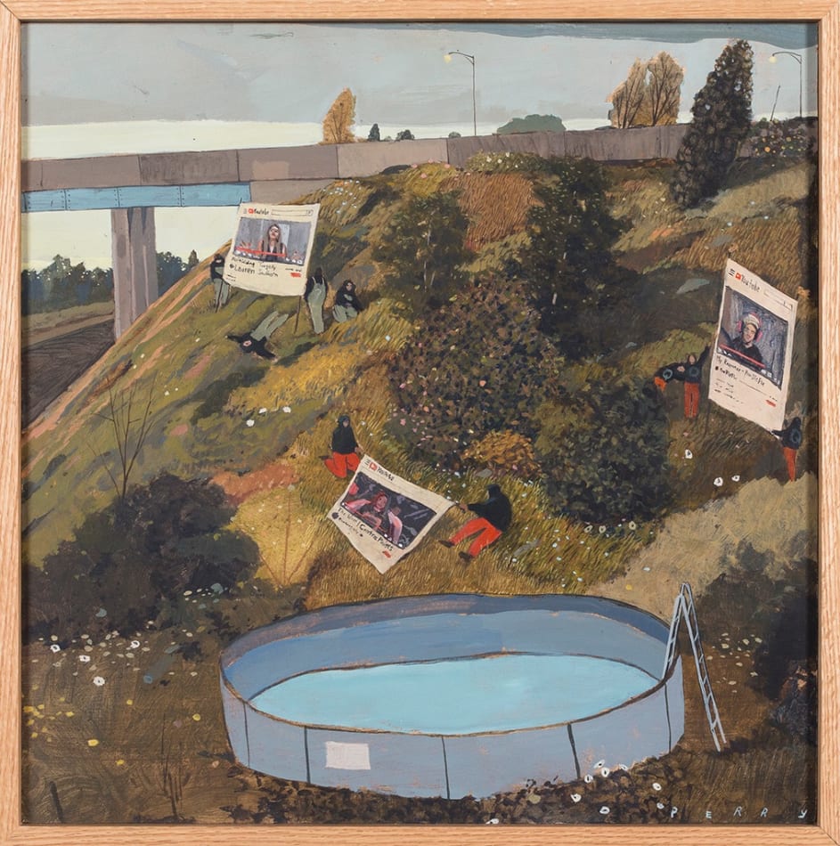 Pat Perry painting of pool outdoors by overpass with figures