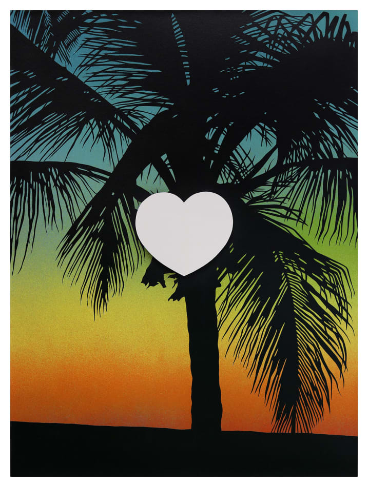painting of a heart over the silhouette of a palm tree