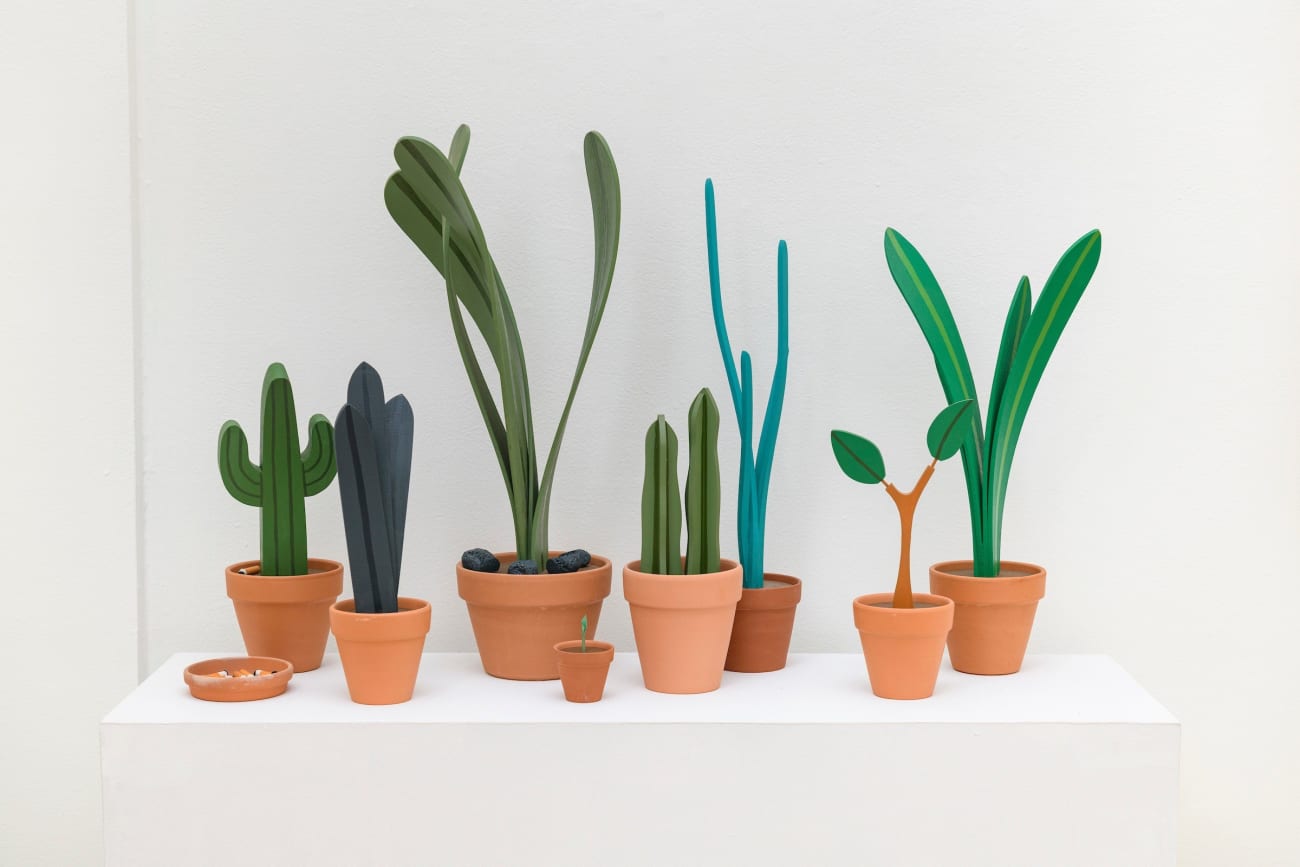 Jeff Canham wooden plant sculptures in terra cotta pots - in a cluster on a shelf