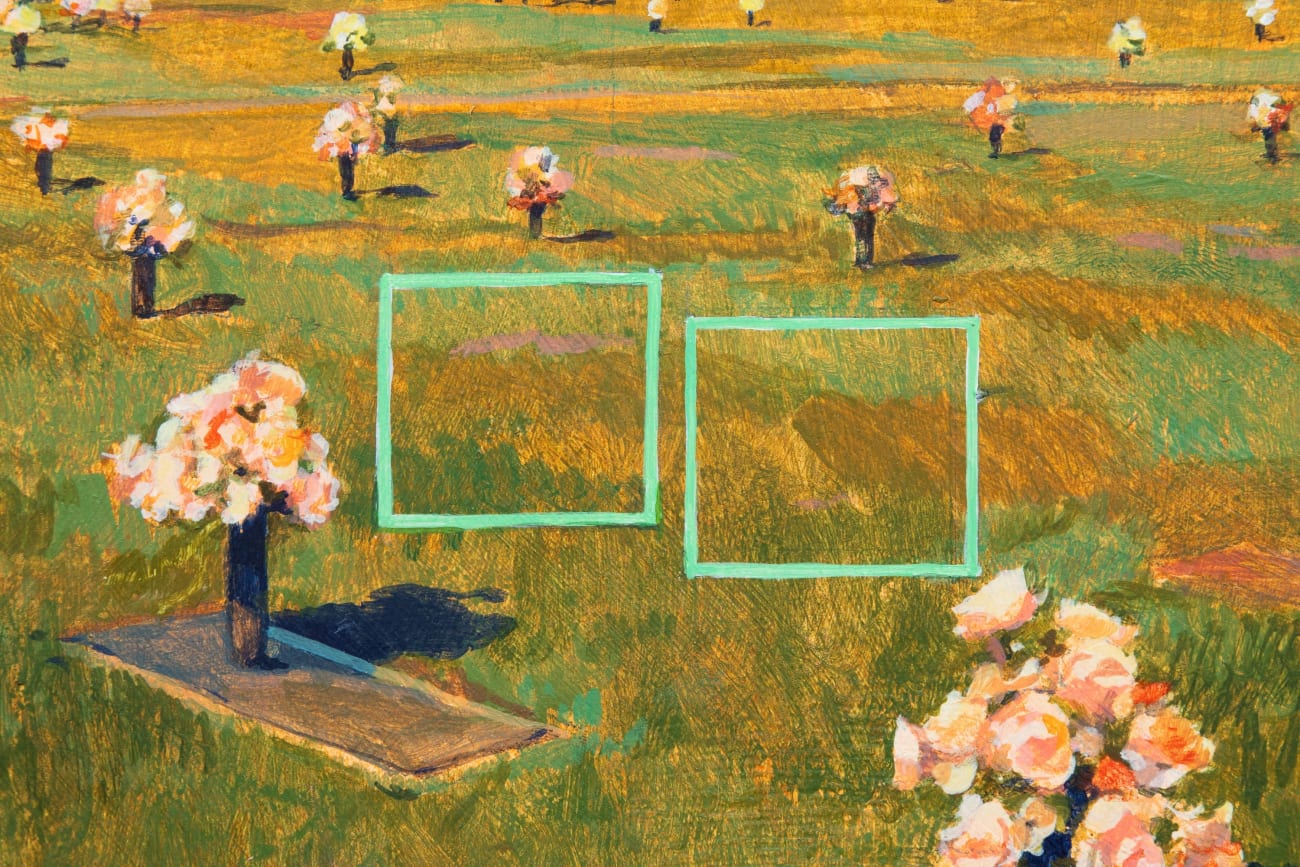 Painting of a cemetery with flowers on the ground on top of each plot. Two bright green squares are off center.