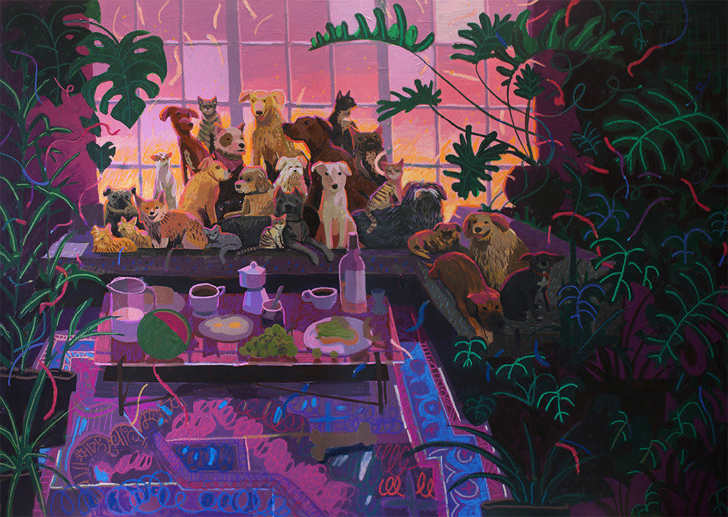 painting of a large number of dogs seated in a large wall of windows, surrounded by lush plants and a table full of food by Nicholas Bono Kennedy
