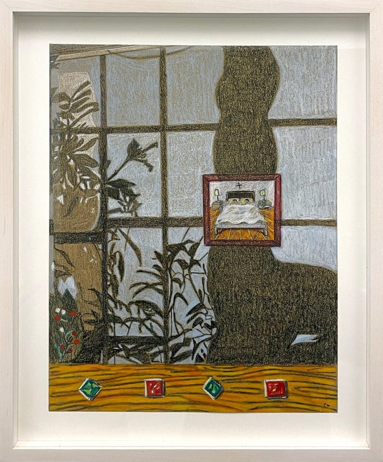 drawing of a shadows cast wall with a small framed image of a bed