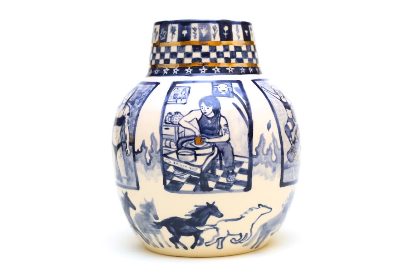 Catalina Cheng's vase with various women on it in blue