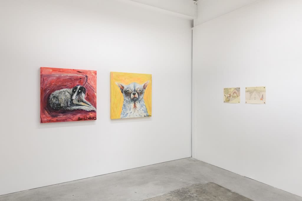 Installation view of a gallery wall with various artworks for the Doggone Delightful exhibition at Hashimoto Contemporary San Francisco