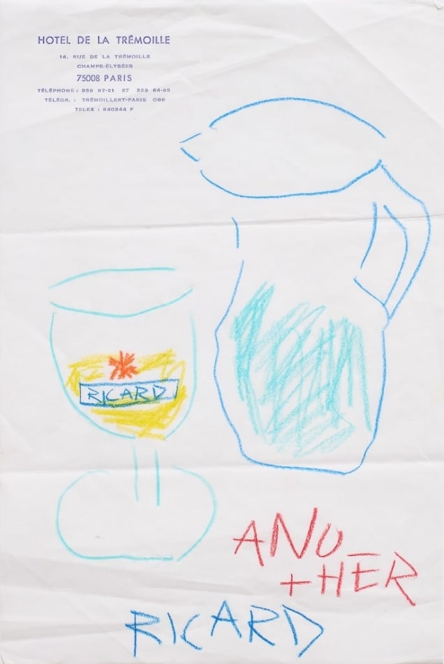 sketch of a pitcher and a full glass on hotel stationary