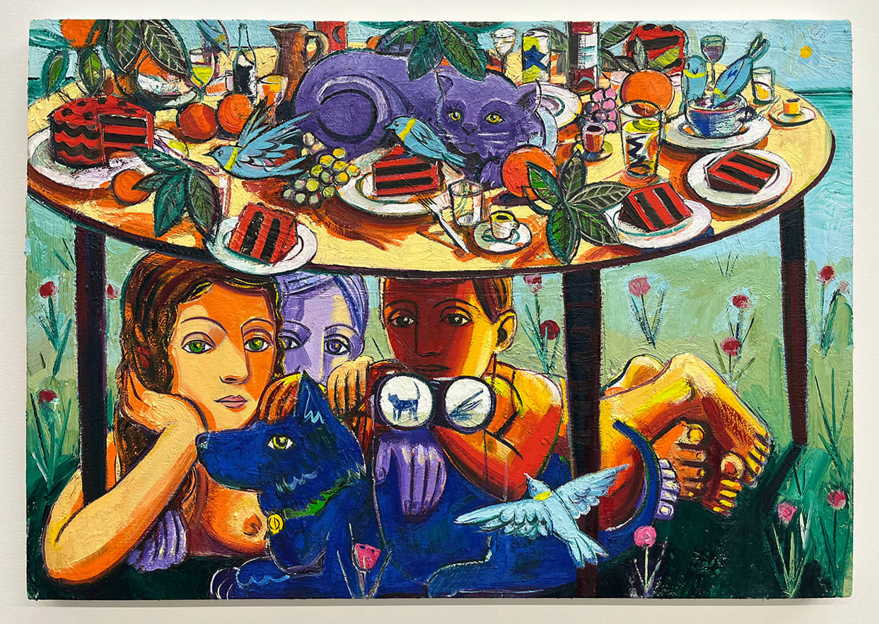 Painting of three people and a dog sitting under a table with a bunch of food on it including plates with slices of cake, fruit and a sleeping cat.