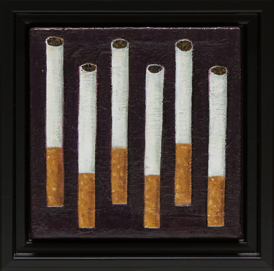 painting of six cigarettes staggered in a line in a black frame
