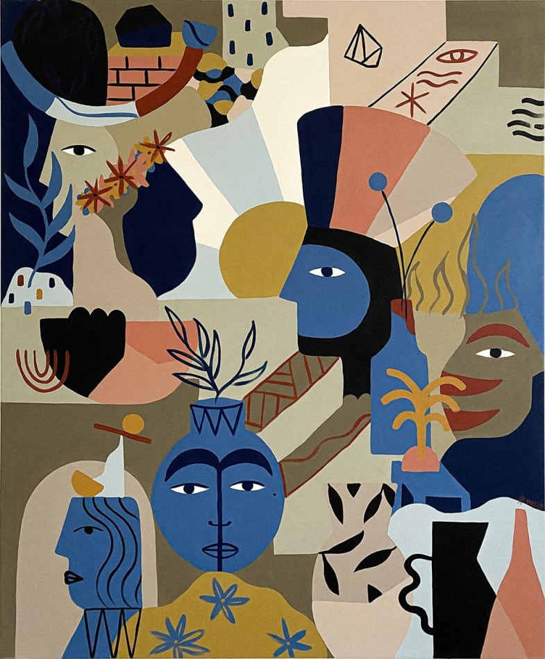 collage of faces, plants, and abstract shapes done in earth tones and a bright blue