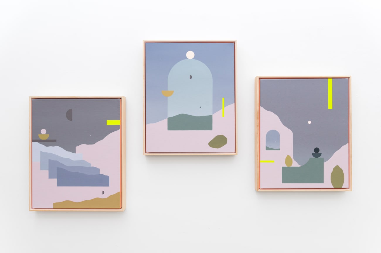 three Madeleine Tonzi paintings of abstracted desert landscapes in dusk pastel tones