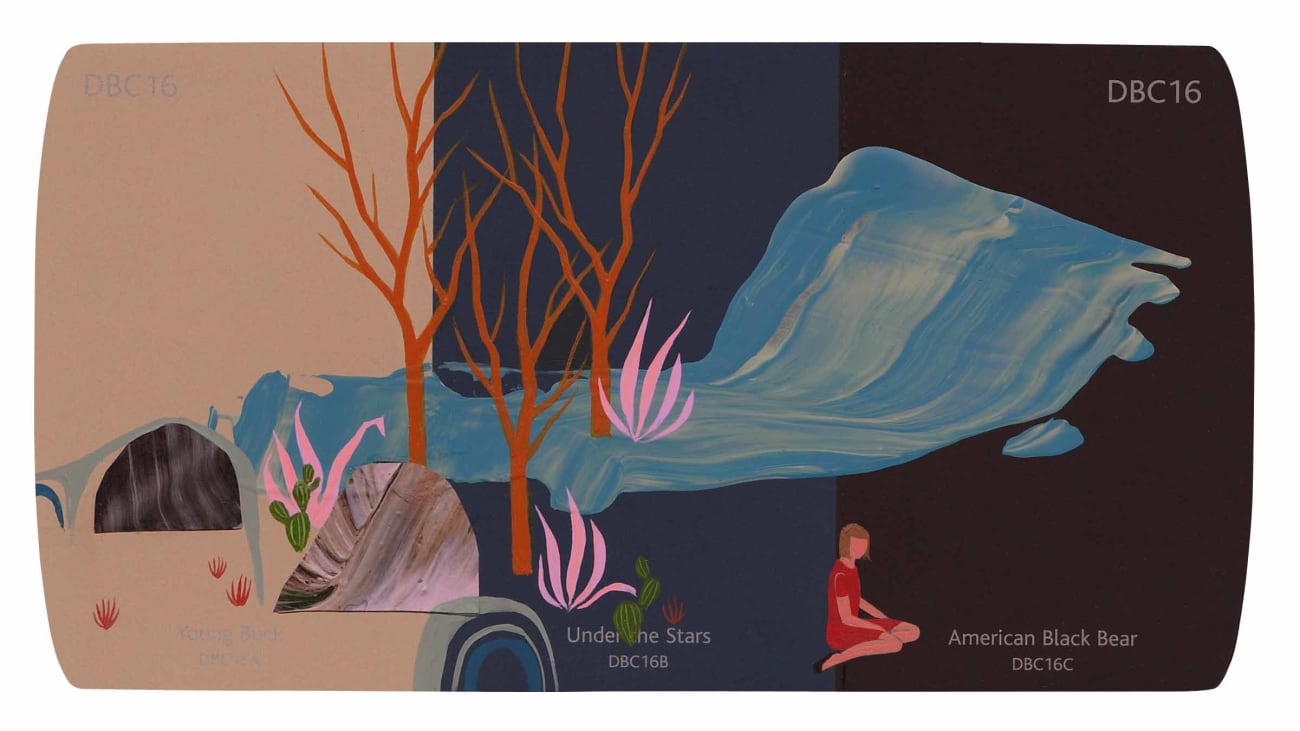 painting on a paint swatch depicting watery landscape with bare trees, small shrubs, and rocks with a figure dressed in red seated at the base by Seonna Hong
