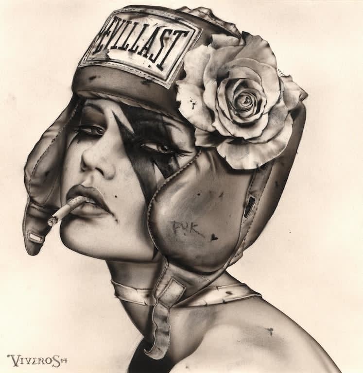 Brian M. Viveros drawing of woman in boxing helmet smoking cigarette