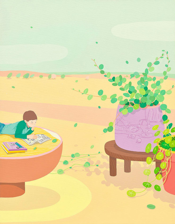 Danym Kwon - painting of vases, plants with back ground of low saturated green sky and yellow landscape. A person laying on a bowl of noodle reading; two potted plants