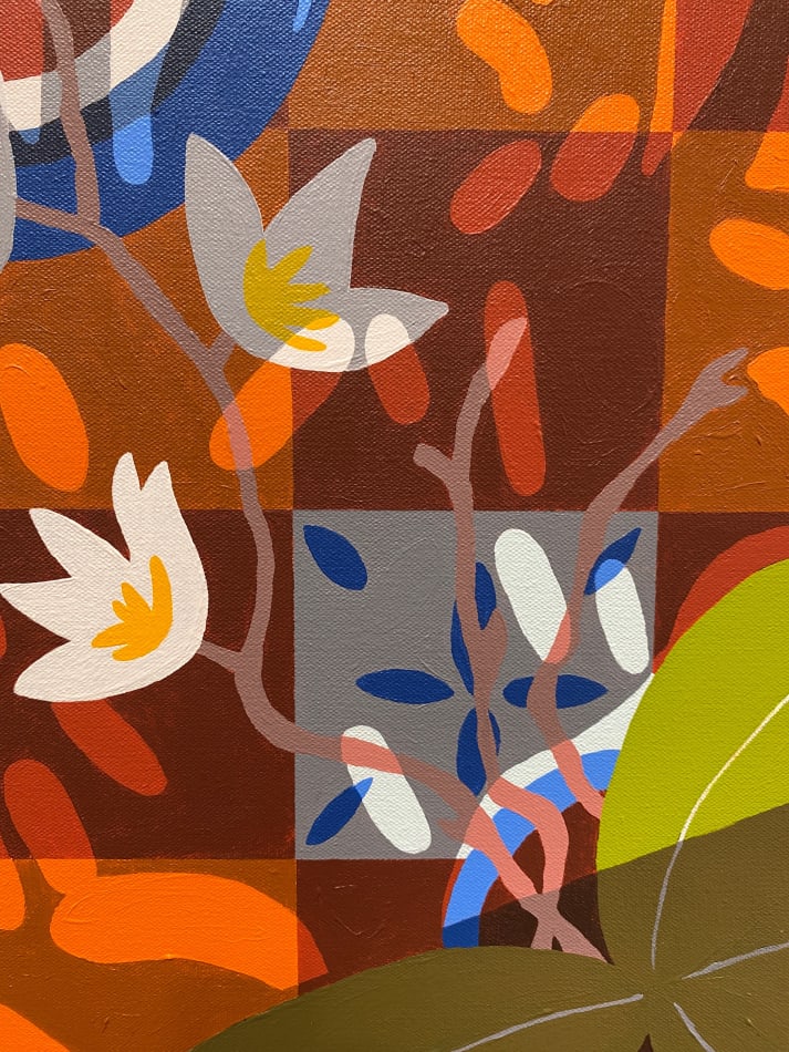 Natalia Juncadella painting of oranges, flowers and coffee on orange background detail
