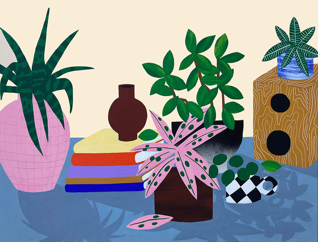 Hello Marine painting of plants in pots and books