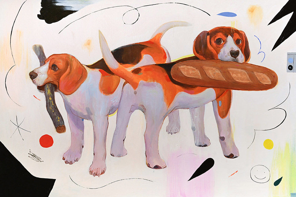 Matthew Kam - an acrylic painting of two dogs standing side by side, one holding a stick in its mouth and the other one has bread