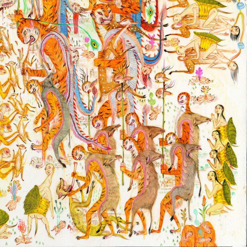 Detail shot of a painting by Mu Pan of creatures, animals and human hybrids eating, sleeping, killing, flying and climbing