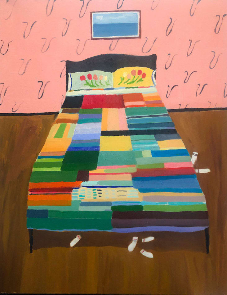 Polly Shindler painting of bed with quits, pink wallpaper background and socks thrown on wooden floor