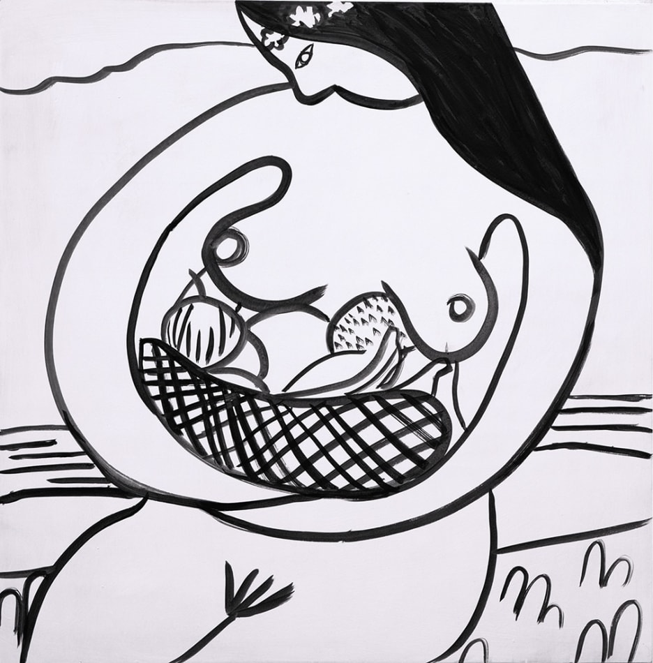 Corey Lamb ink painting of nude woman with floral crown cradling a basket