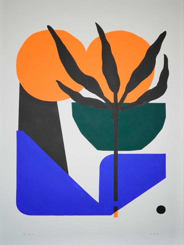 Abstract painting with a dark brown leaf shape, two orange circles, a bright blue shape and a dark green shape on a white background.