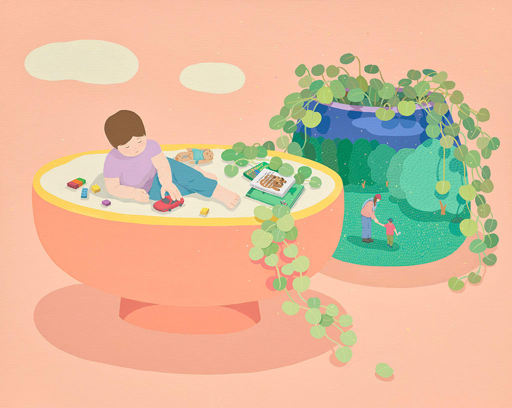 two vessels, one with a plan coming out of it with a scene of a parent and child on it, the other with a child sitting on top of it with toys and books around them on an orange background