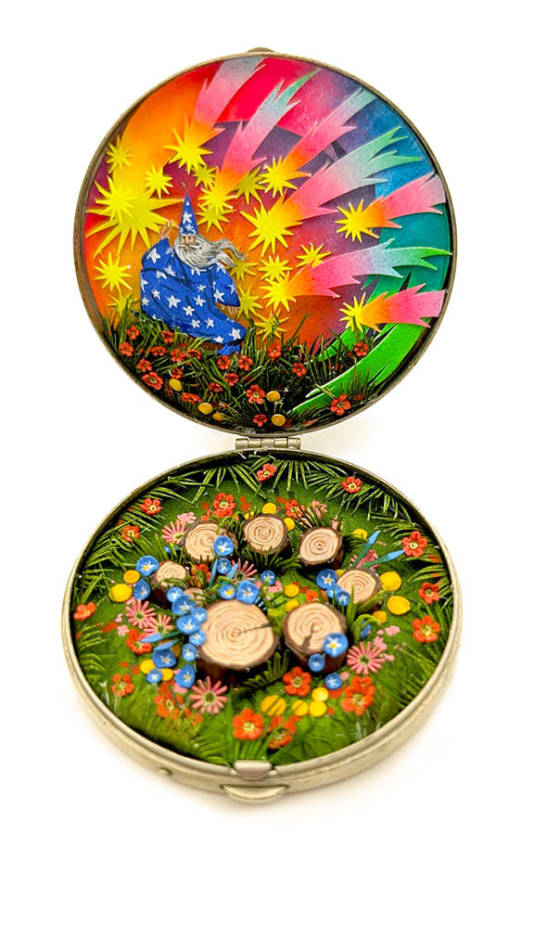 hand-cut watercolor collage in antique cosmetic compact by Shannon Taylor