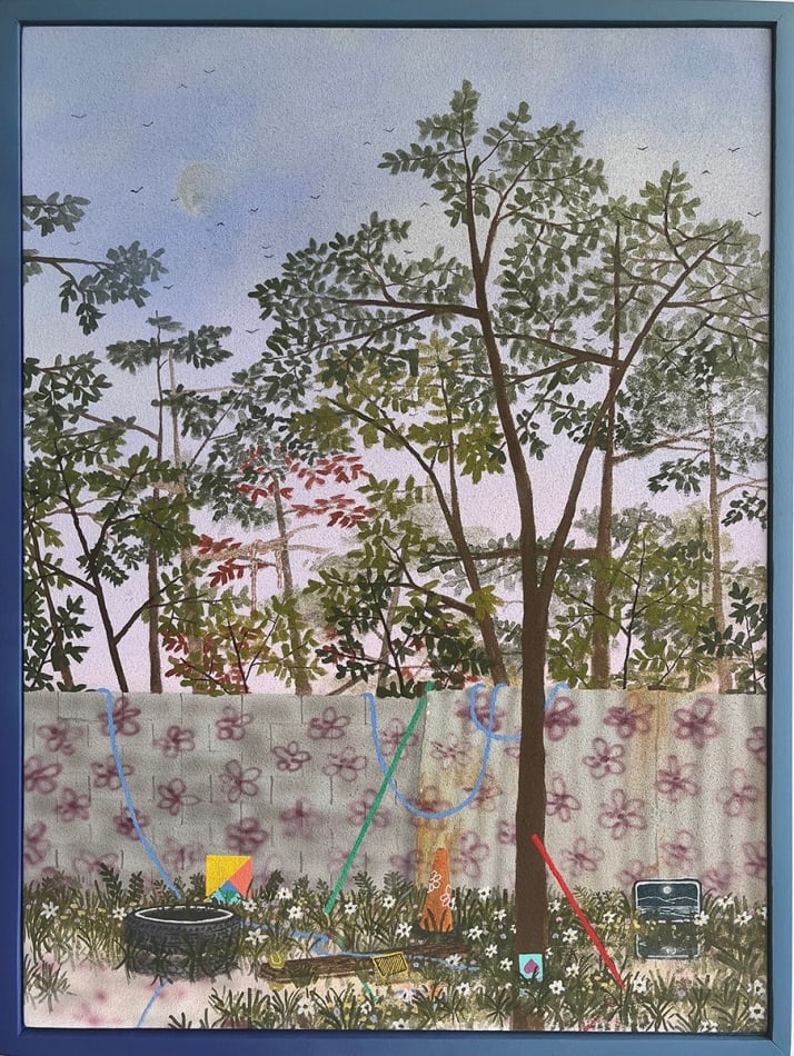 Max Seckel painting at dusk of fence with flowers on top. Trees and tire visible