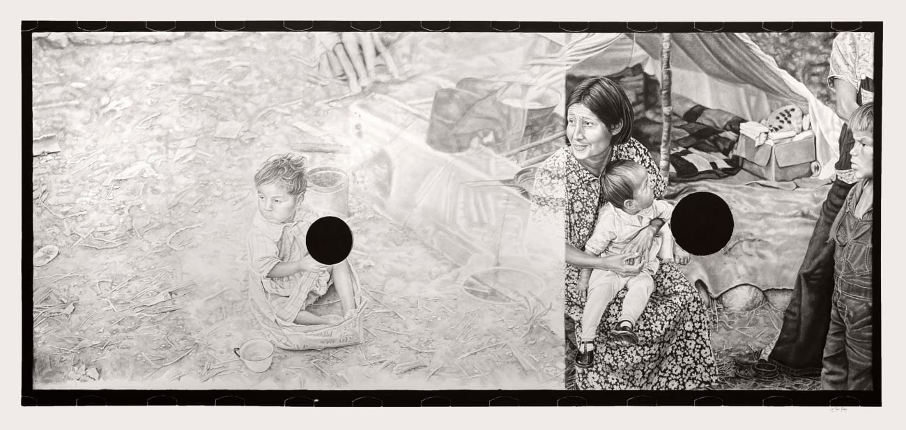 Joel Daniel Phillips graphite drawing of faded seated figure with black void on shoulder, seated woman holding baby adjacent in darker black tones