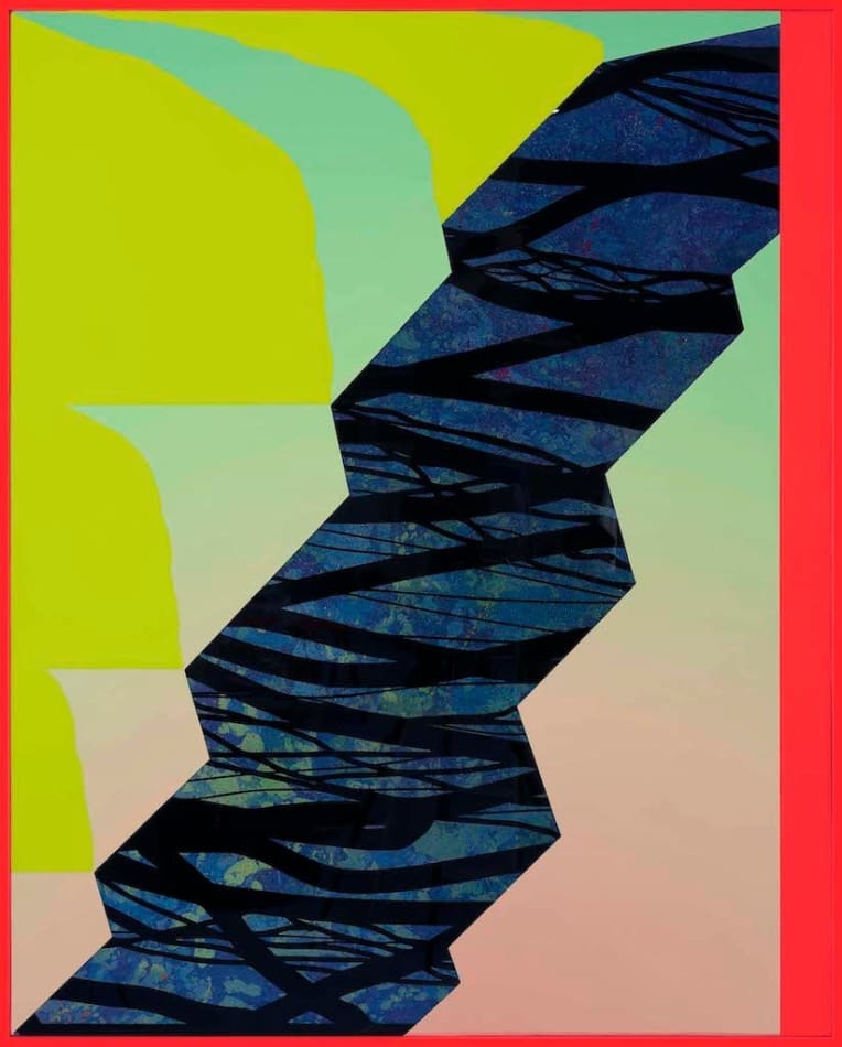 Rachel Strum paint and resin piece, abstract shapes in orange, yellow, green and dark blue