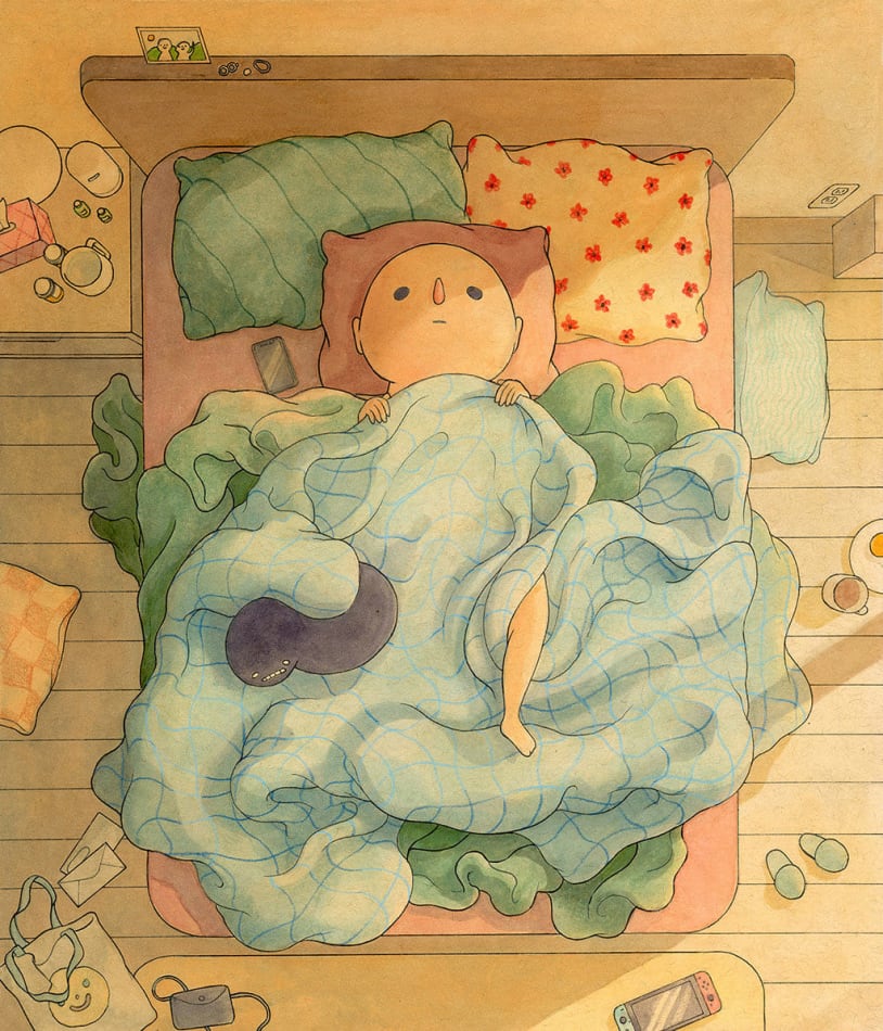 drawing of a figure laying in a messy bed