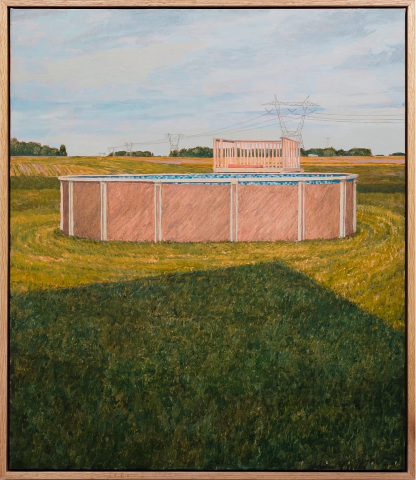 Painting of a pink above ground pool with blue mosaic tiles on green grass with power lines in the distance