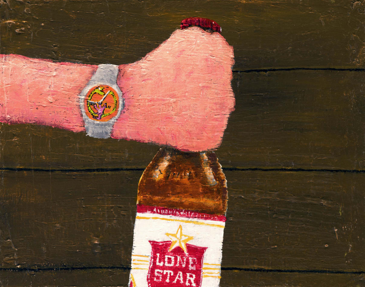painting of hand wearing a watch and holding a beer bottle by its neck