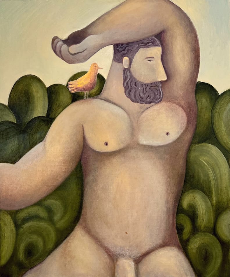 Painting of a man with one arm around laying across the top of his head and an orange bird on his shoulder. In the background is a dark green bush and a pale blue sky.