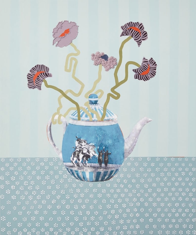 Lizzie Gill painting of blue teapot with purple flowers coming out of it. Blue patterned background