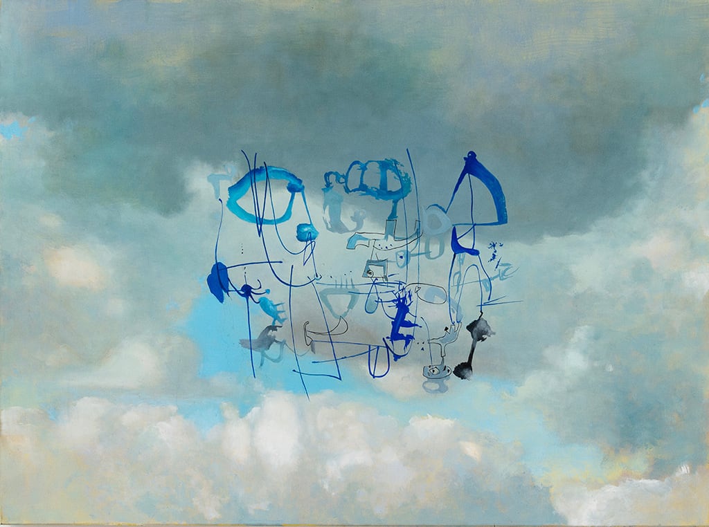 Painting of a clouds on a blue sky with an abstract blue figure in the foreground
