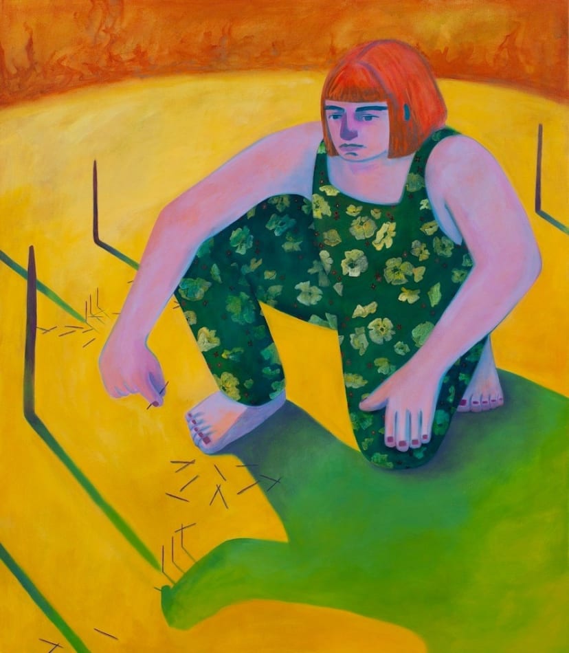 Genevieve Cohn painting of woman crouching down wearing green floral overalls, bright orange bob and purple skin