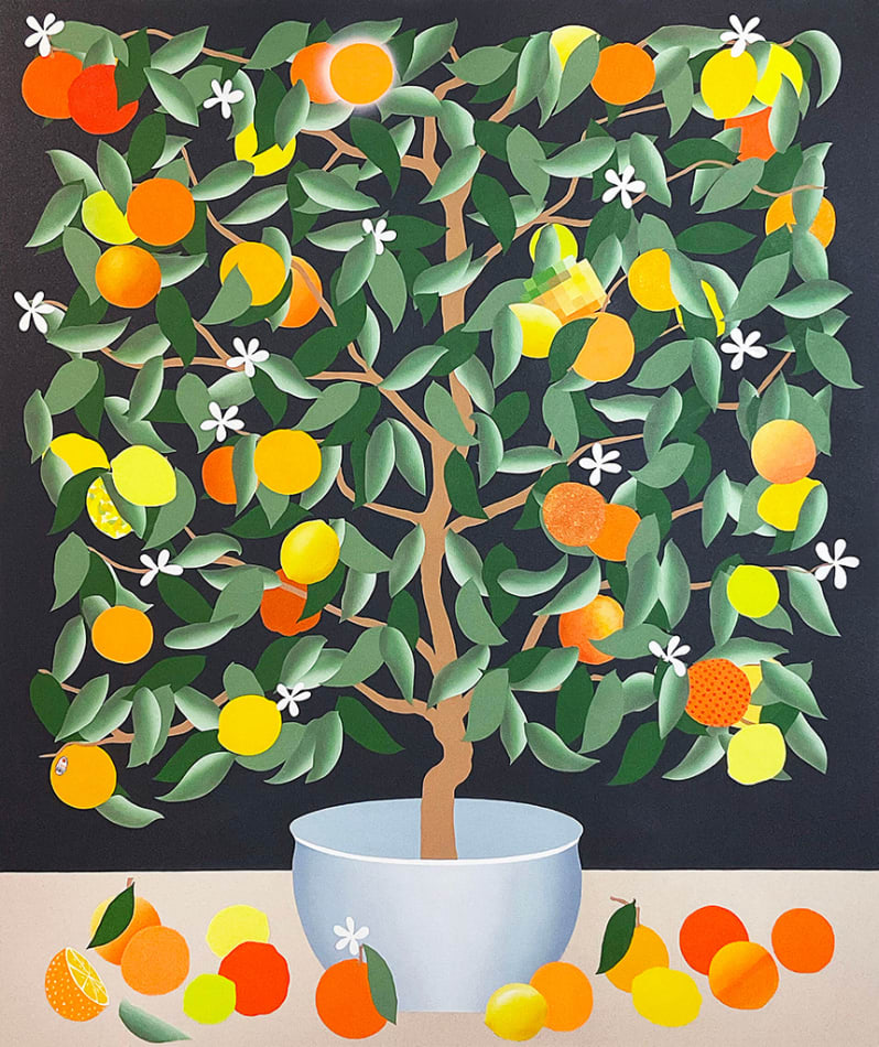 Painting of a rectangular shaped tree in a white pot with orange and lemons by Stephen D'Onofrio