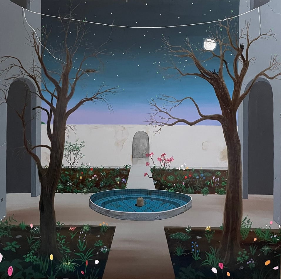 nigh time scene in a garden courtyard lit by the moon