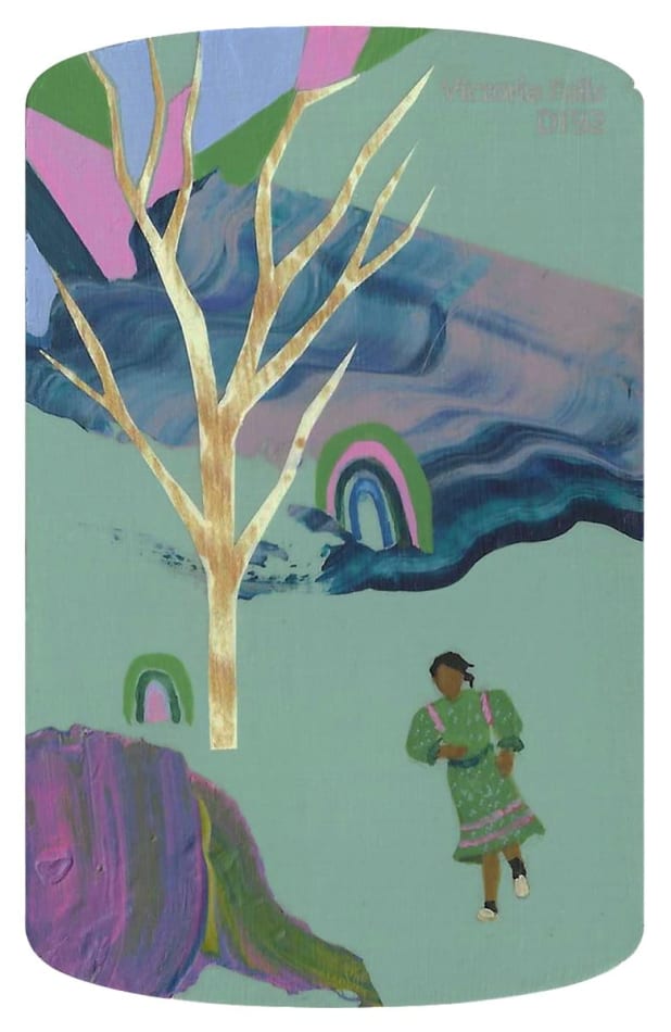 cool toned abstracted landscape with a woman running