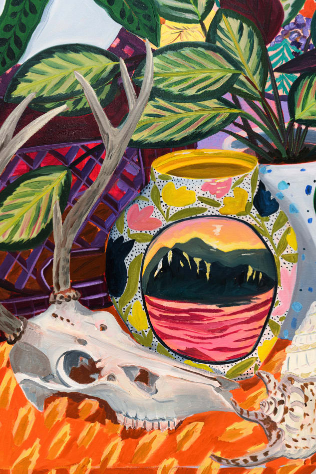 Anna Valdez - colorful oil painting with plants and animal skull