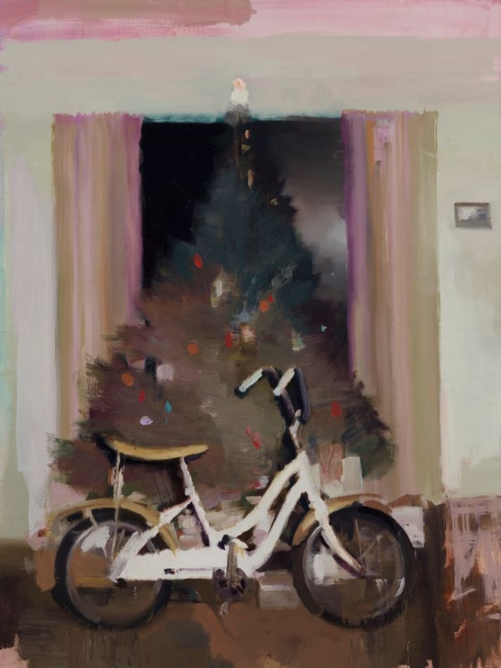 painting of a childrens bicycle under a christmas tree - dark tones, pink