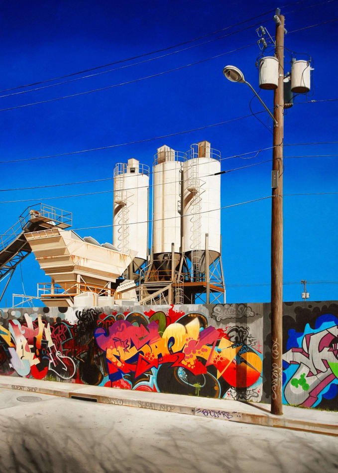 Jessica Hess painting of graffiti covered factory