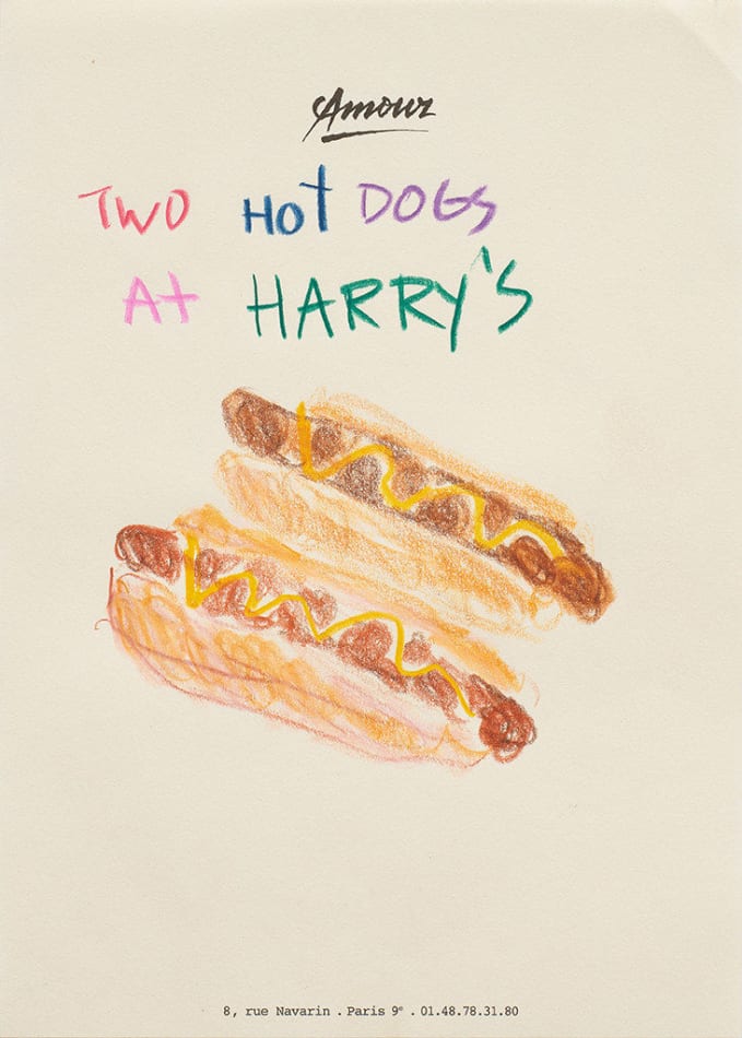 Drawing of two hot dogs with mustard and the words Two Hot Dogs At Harry's above it on hotel stationery