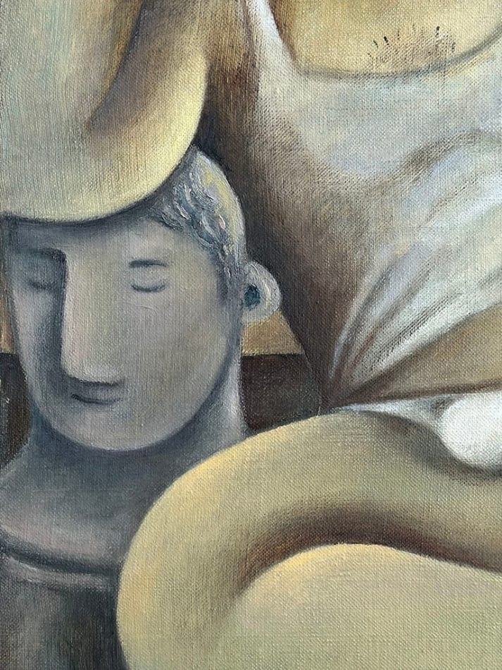 male figure sitting by the window as a lighthouse beam enters the room detail